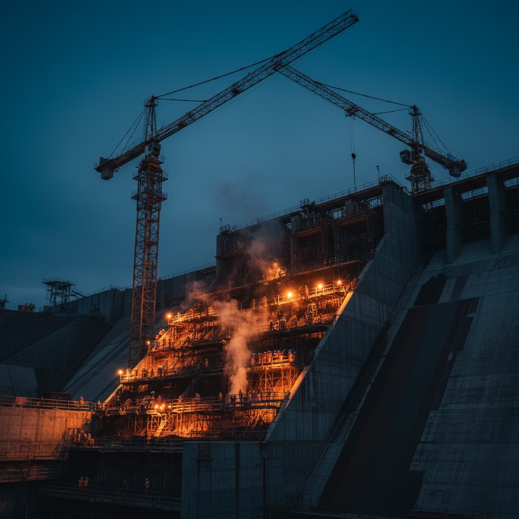 Hydroelectric dam under construction at blue hour, work lights illuminating the concrete pour