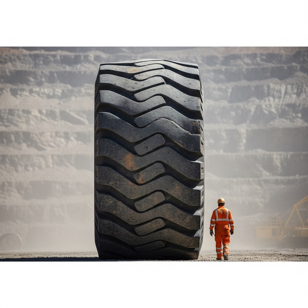 Massive mining haul truck tire next to a worker in hi-vis orange PPE for scale