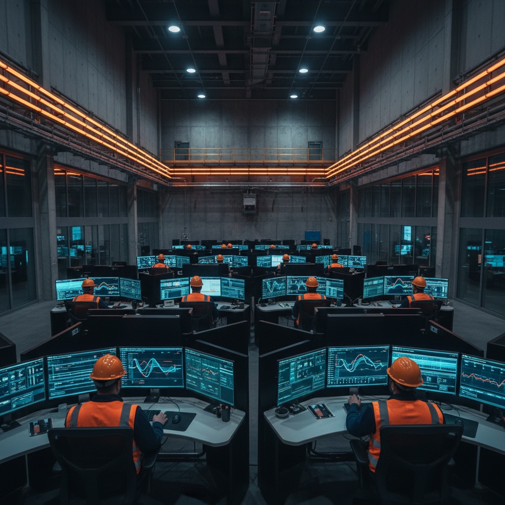 Industrial operations command center with operators at workstations and dashboards on wall monitors