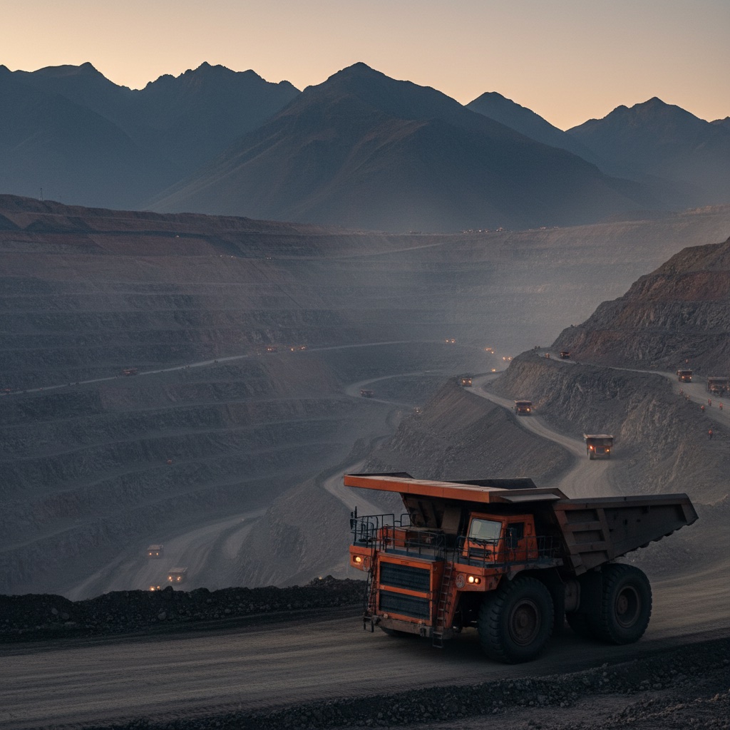 Open-pit copper mine at golden hour with haul trucks on terraced switchbacks